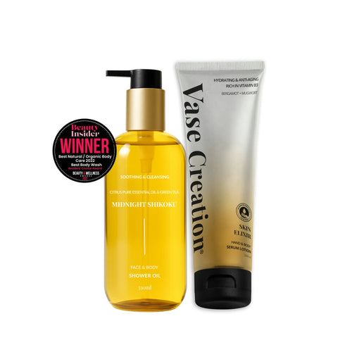Vase Creation Australia The Bath Ritual Duo Set with shower oil and serum lotion for hands and body
