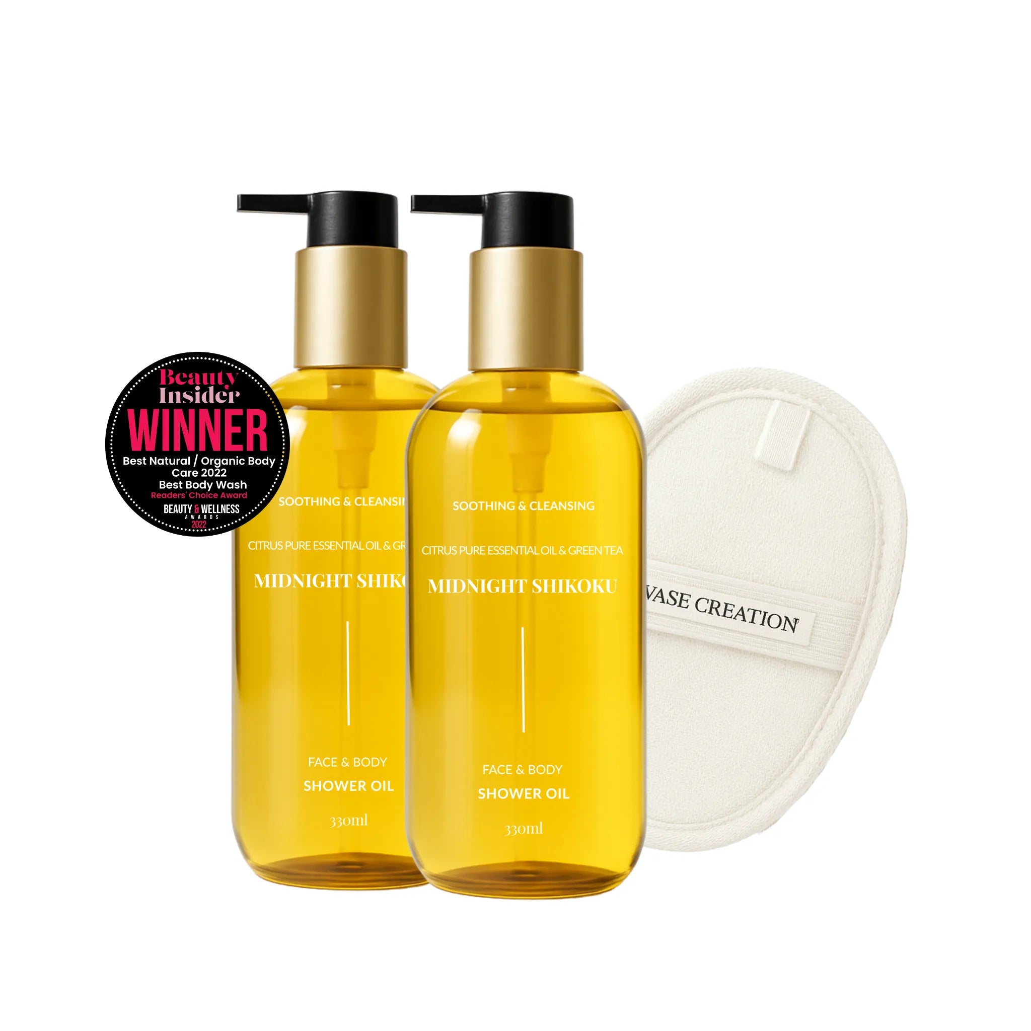 Two bottles of Vase Creation Australia Midnight Shikoku Shower Oil with loofah pad