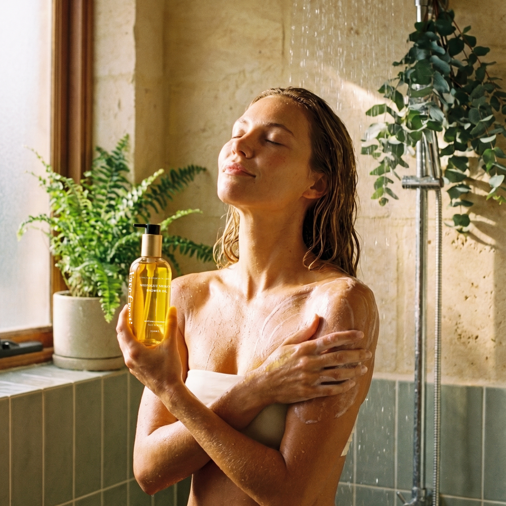 Woman in the shower holding Midnight Shikoku Shower Oil