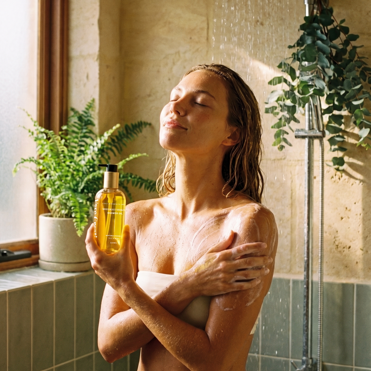 Woman in the shower holding Midnight Shikoku Shower Oil