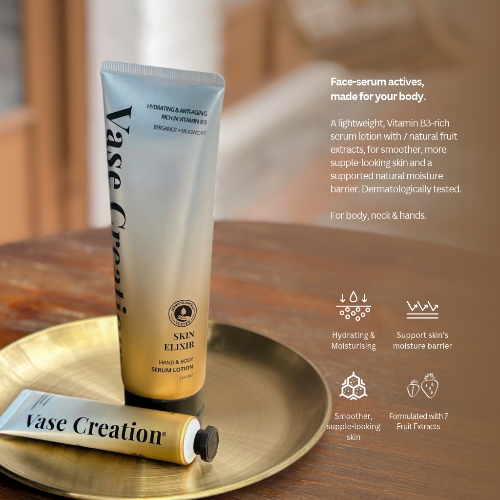 Skin Elixir Serum Lotion: face-serum actives made for your body, with Vitamin B3 and 7 fruit extracts, dermatologically tested