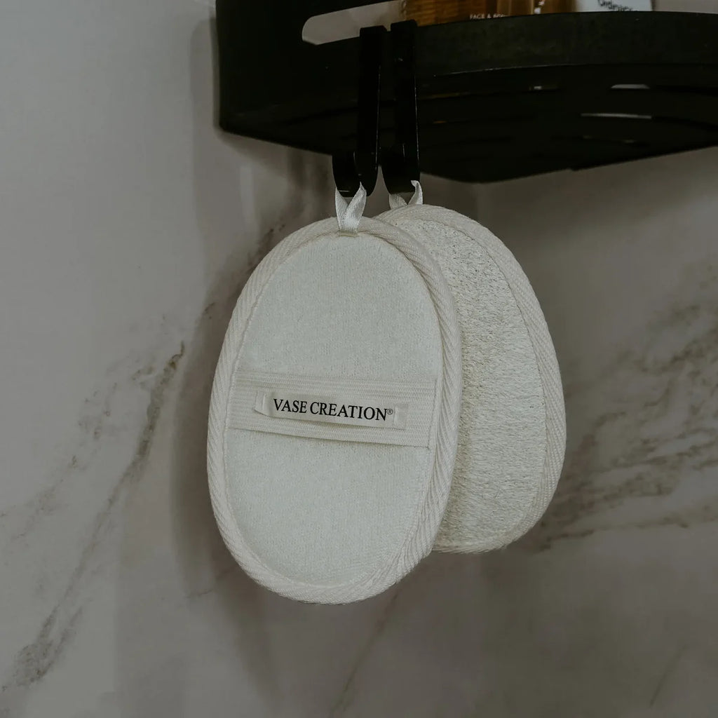 Vase Creation Australia Loofah Pad Scrubber hanging in the bathroom